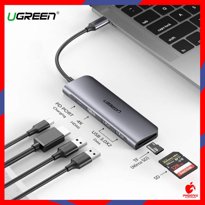 Cáp Ugreen Usb-C 6 in 1 Sang HDMI 4K,2 USB 3.0 Ports,SD/TF Card Reader,100W PD 70411