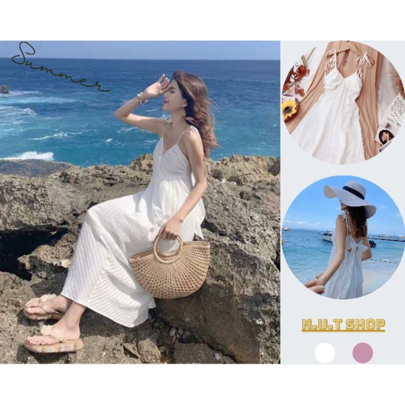 NUT's Summer Collection 2022 - Đầm maxi vải dũi sọc loại 1, có lớp lót trong và mút ngực - DHN