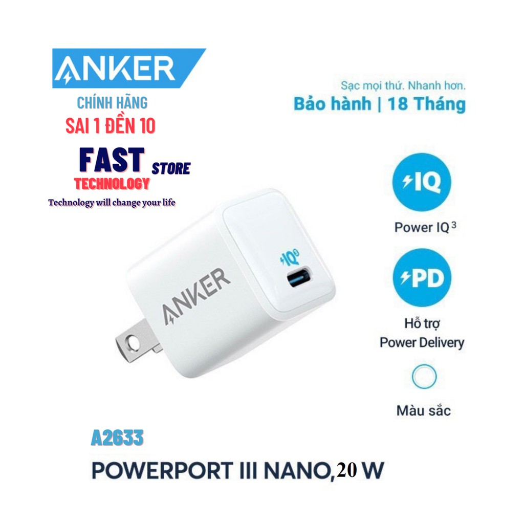 Sạc nhanh Anker Powerport III 20W Anker A2633 cho iphone 12 ipad note 10 note 20 S10 S20