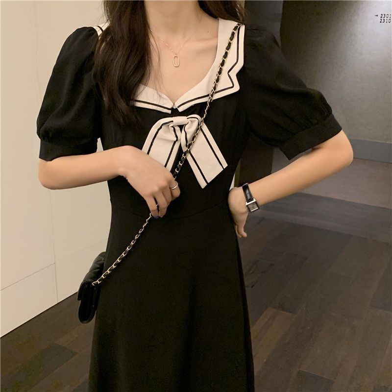 [Order] Đầm nữ đẹp màu đen tay không thắt nơ tay ngắn phồng dáng chữ A phong cách Lolita có size