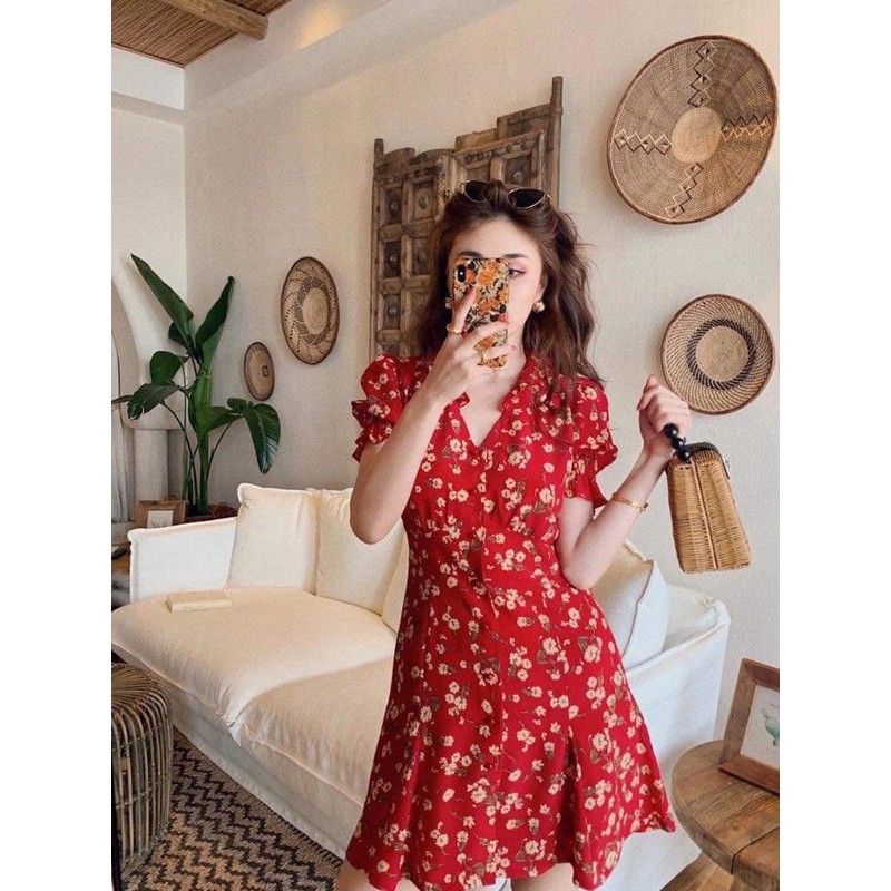 🍓 Váy hoa đỏ cổ V vintage🍓 | BigBuy360 - bigbuy360.vn