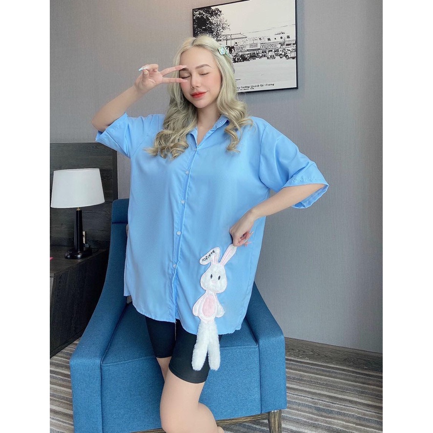 Áo sơ mi Nữ tay lỡ ngắn tay thỏ bông nhỏ xinh xắn kute, vải lụa mềm mại, có 3 màu | BigBuy360 - bigbuy360.vn