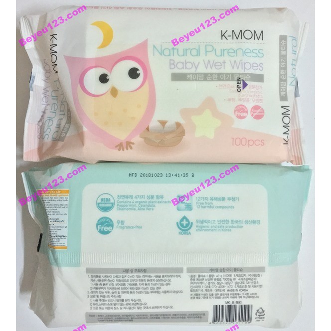 (100 tờ/bịch) Khăn ướt cao cấp không mùi K-MOM an toàn cho bé (Made in Korea)