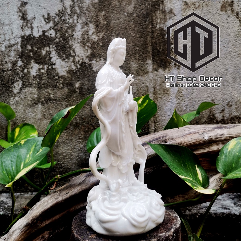 Tượng Phật Quan Thế Âm cao 23 cm màu trắng sứ trang trí nội thất nhà cửa, phong thủy, thờ cúng