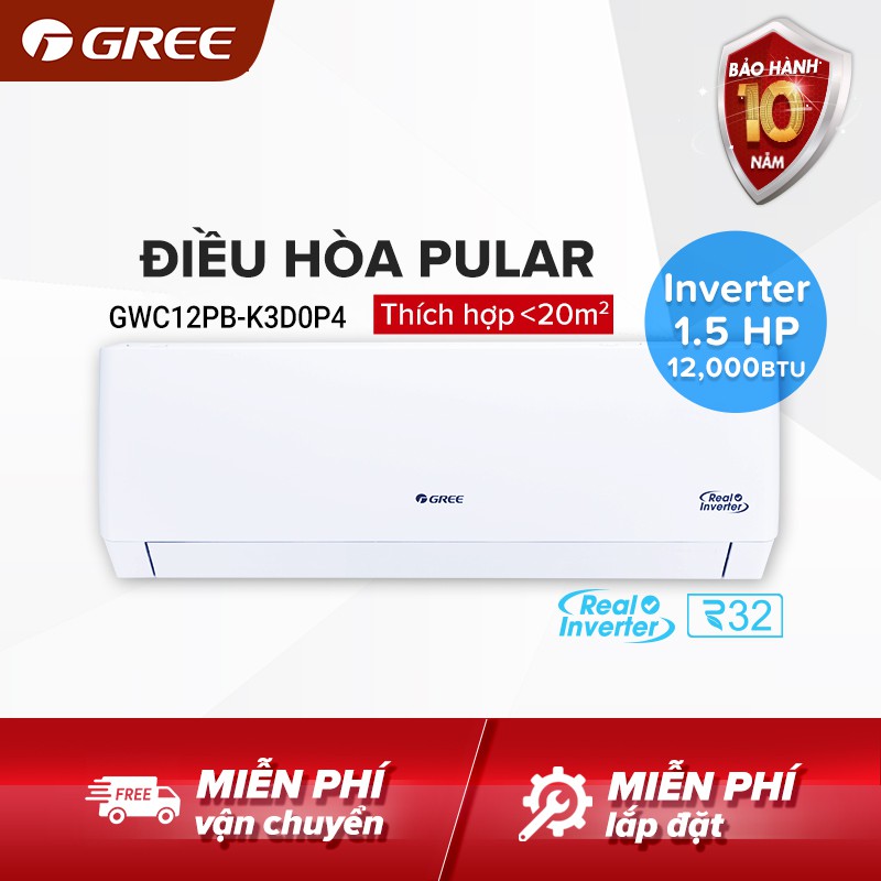 Điều hòa GREE- công nghệ Real Inverter- 1.5HP (12,000 BTU) - PULAR GWC12PB-K3D0P4 (Trắng) - Hàng phân phối chính hãng