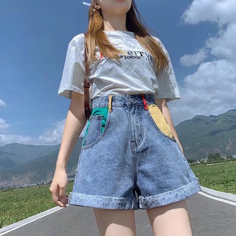 Quần đùi IELGY denim lưng cao ống rộng size lớn thời trang dành cho nữ