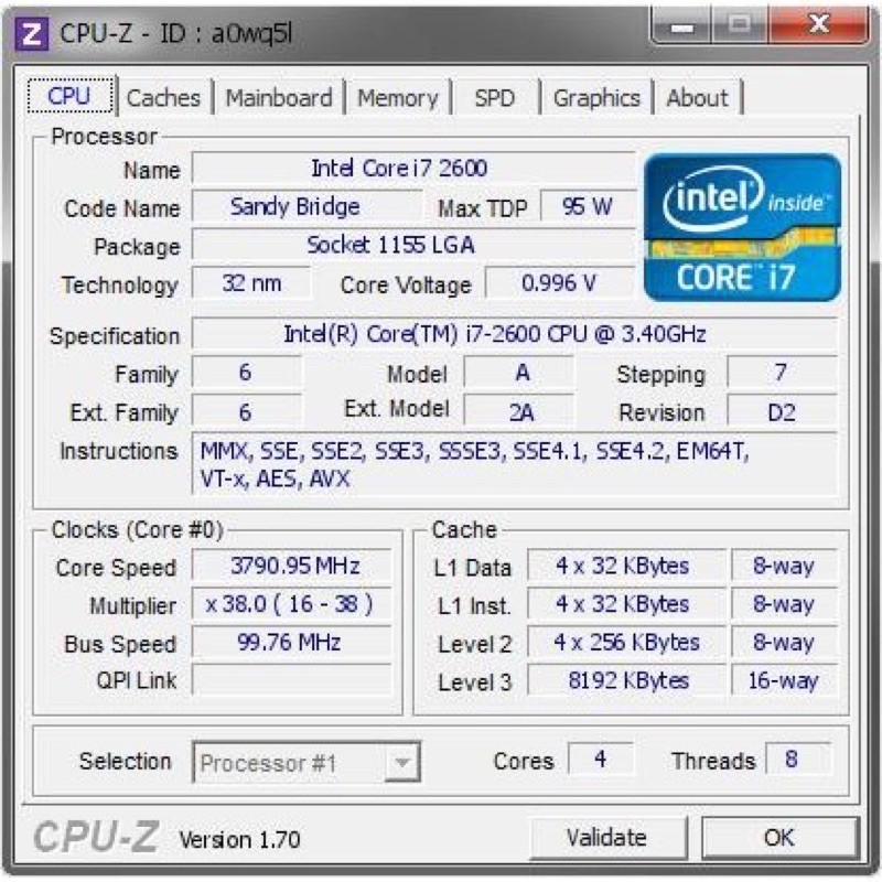 Chíp Intel Core i7-2600 SK 1155 3.4GHz ( 4 lõi-8 luồng)