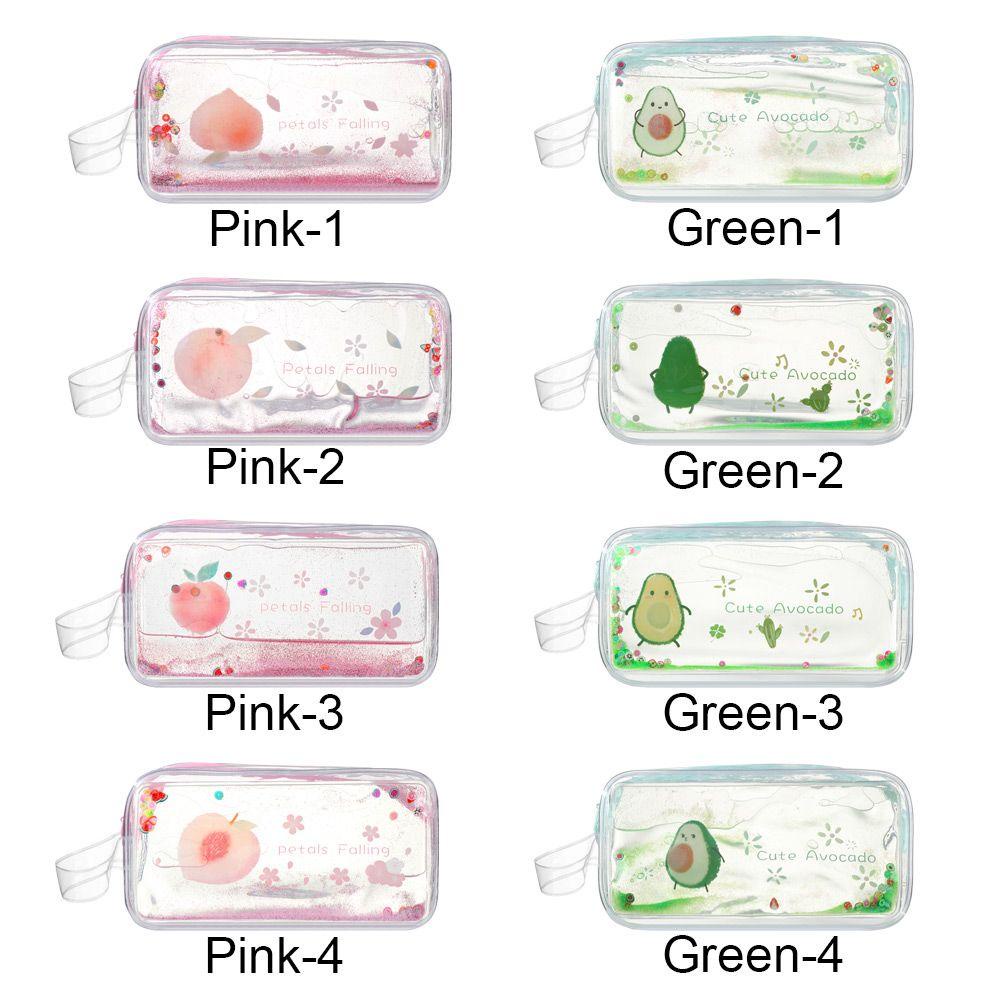 TARSUREVN Portable Cute Avocado Cartoon Peach Transparent Quicksand Pencil Case Cosmetic Bag Kawaii Glitter High Capacity Pencil Bag School Supplies Stationery