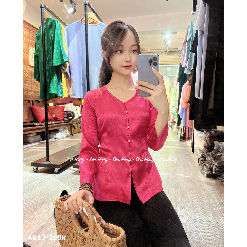 ❤️Áo bà ba màu hồng vải lụa gấm Hàn Châu # áo lụa cao cấp # bà ba vân hoa sen cúc ngọc sang chảnh AB12 Hồng Đậm