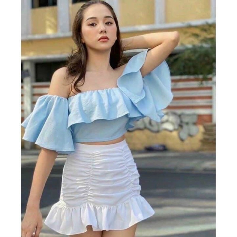 Áo trễ vai croptop có giãn, chất liệu voan mềm mịn hình thật bảng màu shop tự chụp