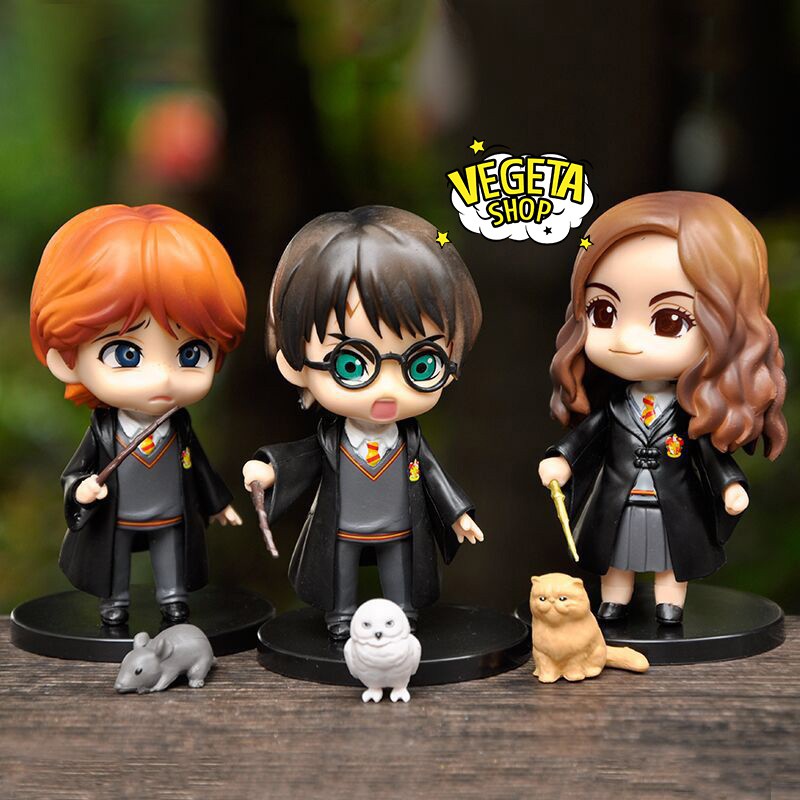 Mô hình Harry Potter - Set 3 Mô hình Harry Potter Hermione Granger Ron Weasley cùng vật nuôi Cú Mèo Chuột - Cao 9,5cm