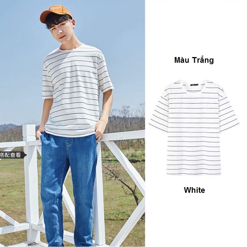 ÁO THUN NAM MÀU TRẮNG SỌC NGANG ĐEN VẢI COTTON UNISEX KẺ NGANG SỌC NHỎ