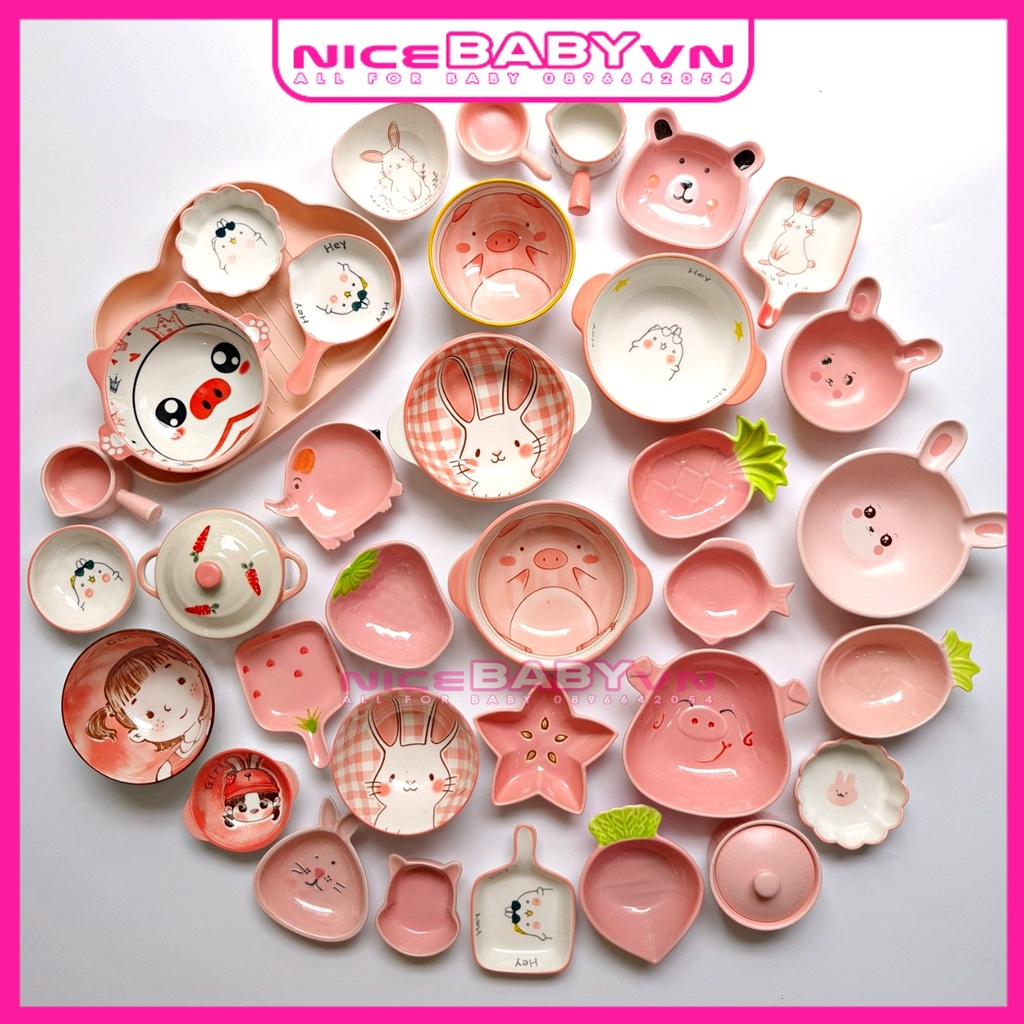 Bát Gốm Sứ Màu Hồng Cao Cấp Nhiều Hình Nicebabyvn