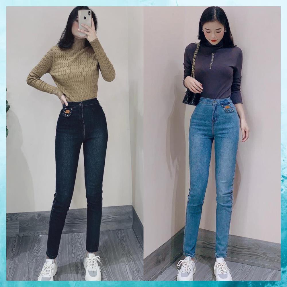 Quần jeans nữ, quần bò skinny trơn, lưng cao phối tag 1 khuy. Mã C3160