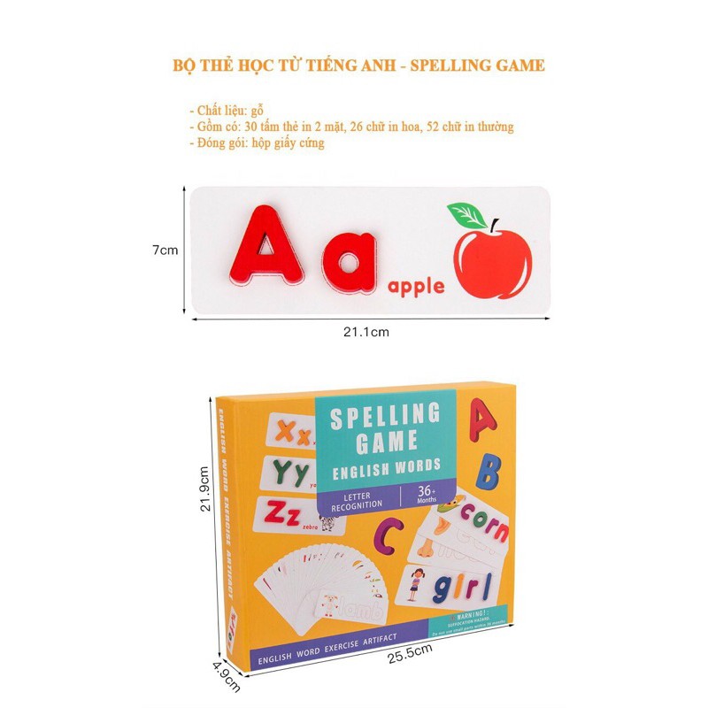 Spelling Game - Học Đánh Vần Chữ Cái Tiếng Anh 52 Bộ Thẻ Học Ghép Chữ Bằng Gỗ