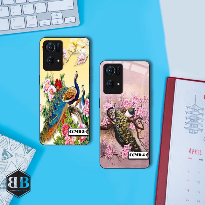 ỐP lưng kính cường lực Oppo Reno 7 Pro 5G chim công mẫu đơn