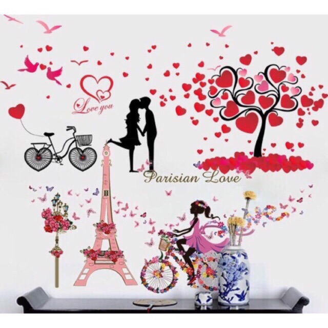 Combo 2 bức decal dán tường xe đạp tình yêu