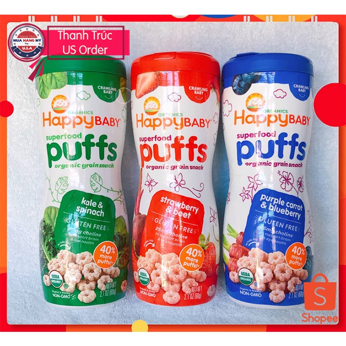 Bánh Puff Happy Baby Organic các vị, bánh ăn dặm hữu cơ dinh dưỡng cho bé từ 6 tháng tuổi