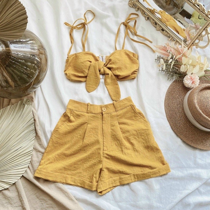 SET CROP VÀNG 2S CỘT NƠ + SHORT
