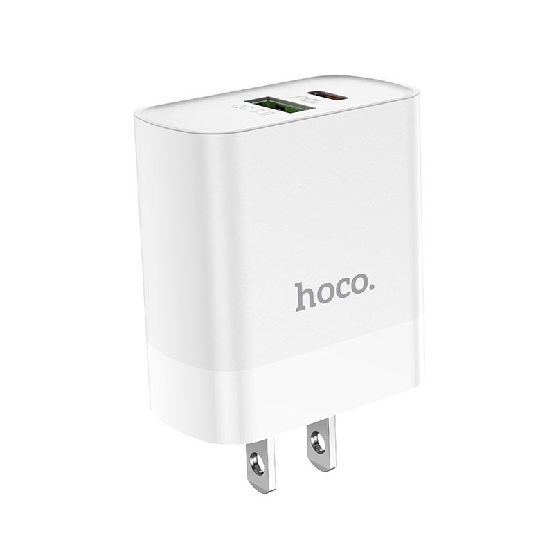 Cốc sạc 2 cổng USB Hoco C80 chân dẹp QC3.0 và Type-C PD18W (Trắng) - Hãng phân phối