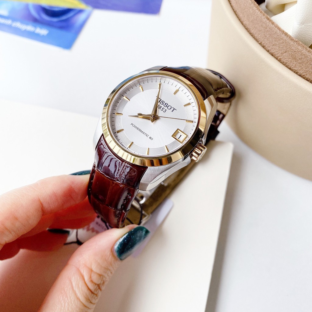 Đồng hồ Nữ chính hãng Tissot 1853 Powermatic T035.207.26.031.00 Size 32,Viền vàng,Mặt trắng,Lịch-Máy cơ-Dây da cao cấp