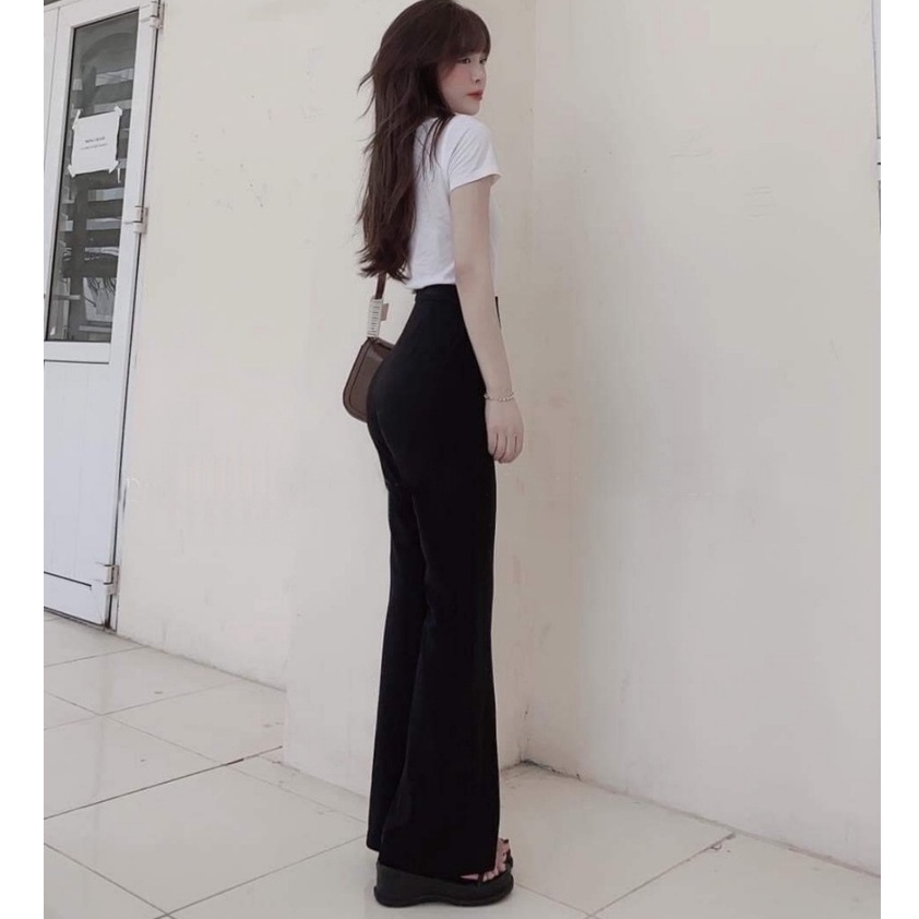 Quần ống loe cạp cao tôn dáng dài màu đen nâu chất vải tuyết mưa mềm Quần tây ống loe lưng cao hack dáng đi học công sở