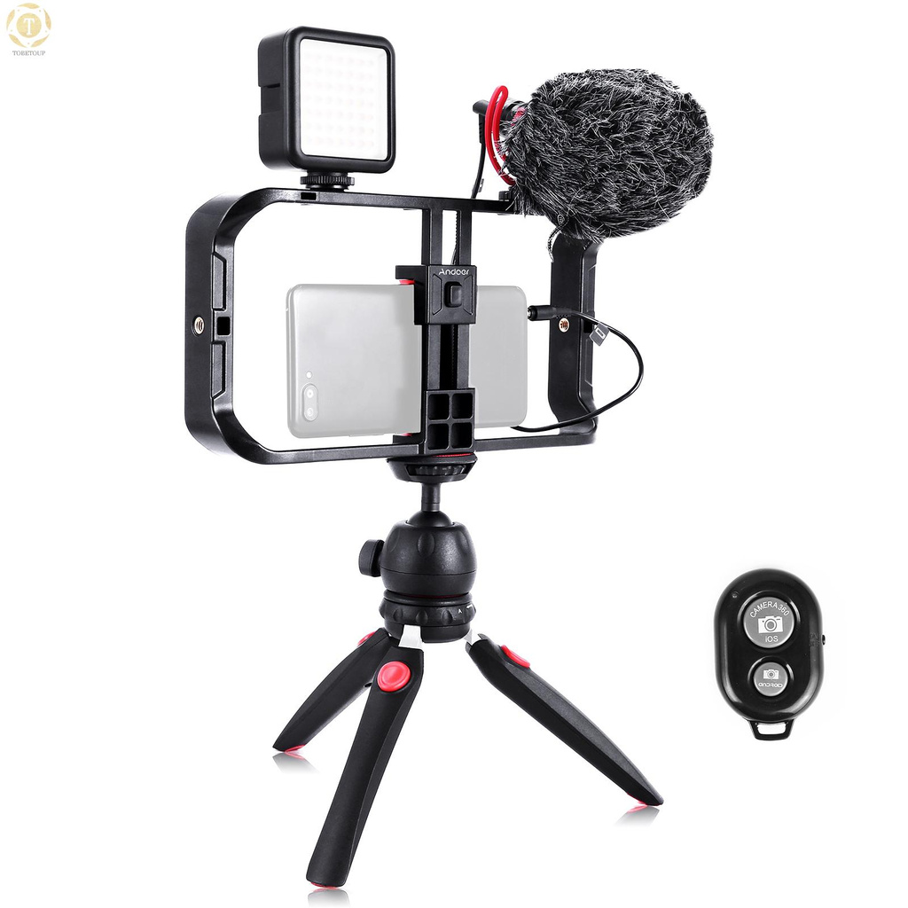Shipped within 12 hours】 Andoer Smartphone Video Rig Kit Including Smartphone Cage with 3 Cold Shoe Mounts + Mini LED Video Lights + Microphone with Shock Mount Wind Screen + Desktop Tripod Stand + Remote Shutter for Vlog Video Recording Live Stream [TO]
