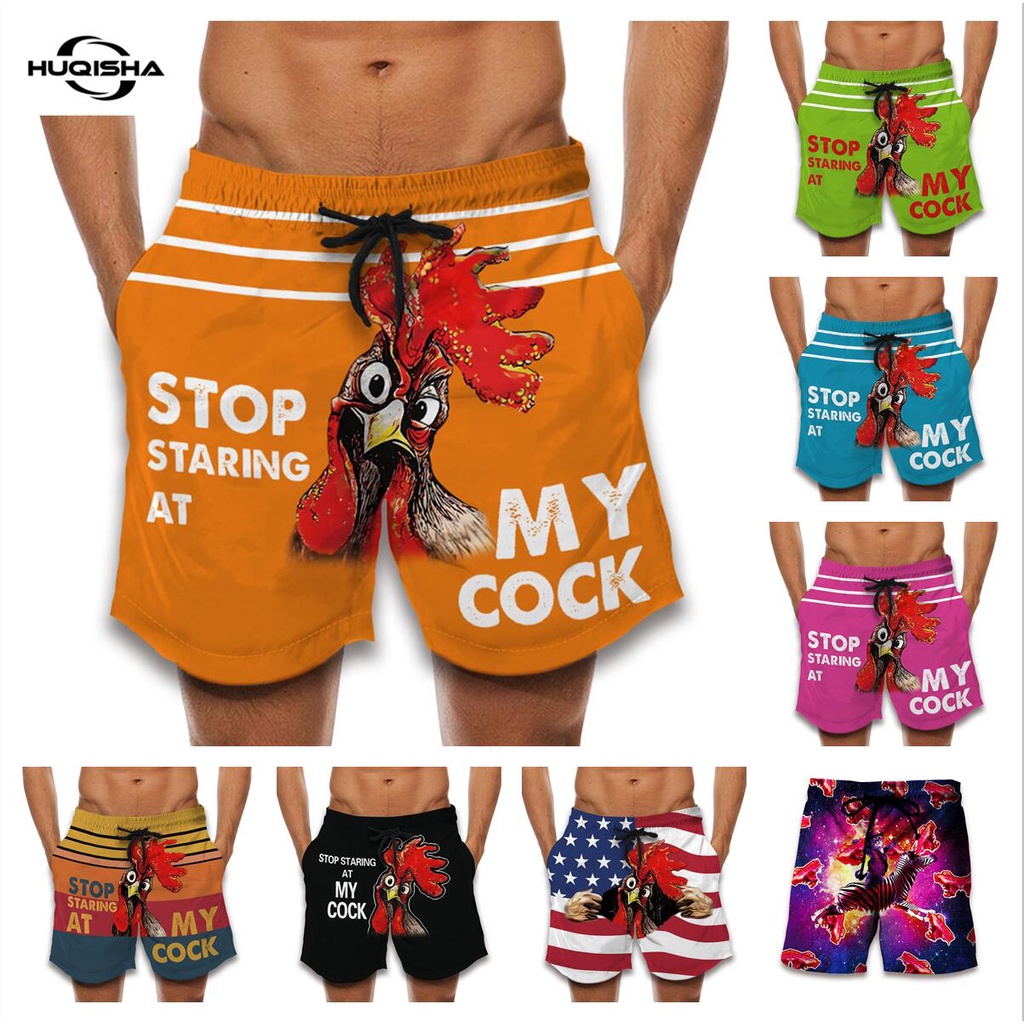 Quần short HUQISHA in họa tiết con gà tùy chọn vui nhộn nhanh khô cho nam đi biển