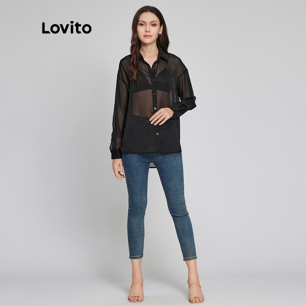 Áo Lovito phong cách thường ngày màu trơn cổ áo cài nút trước vải xuyên thấu trọng lượng nhẹ và thoáng khí L26LD023 (màu đen)