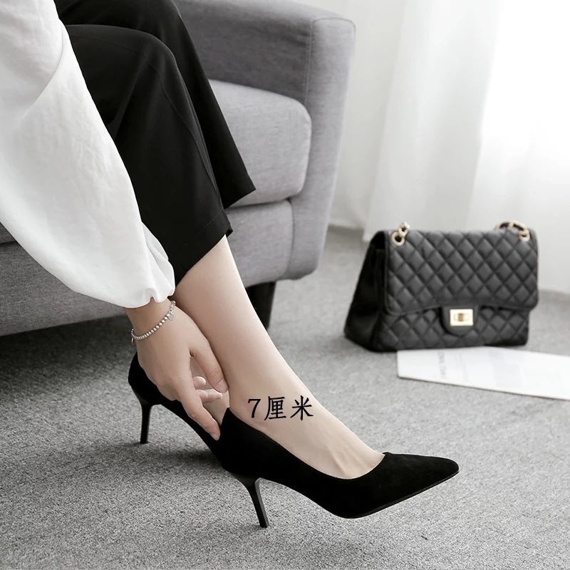 Giày Cao Gót 5cm 7cmTTH281 Mũi Nhọn Chất Liệu Da Lộn Màu Đen Thời Trang Xuân Thu 2022 Cho Nữ