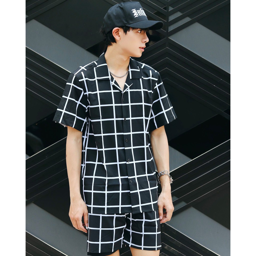 Set Bộ Nam, Sơ Mi-Quần Đùi Đen Sọc Thời Trang Cao Cấp, Chất Vải Cotton Lụa, INF SB000763, SOMEHOW