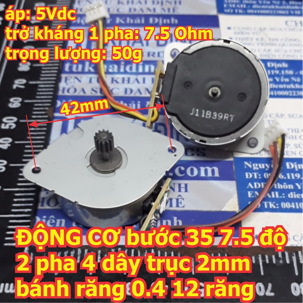 ĐỘNG CƠ bước 35 5V 7.5 độ 2 pha 4 dây trục 2mm bánh răng 0.4 12 răng kde5778