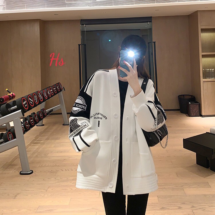 Áo Cardigan Nữ Logo BRCON, Áo Khoác Nữ Nỉ Ngoại Cúc Cài Dáng Rộng 3 Màu Đen, Trắng, Xám,Freesize form dưới 70kg G049