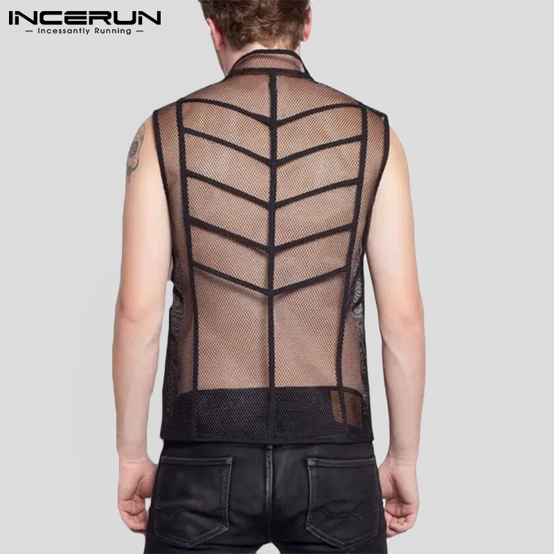 Áo khoác ghi lê INCERUN dạng lưới không tay khoét lỗ có khóa kéo thời trang dành cho nam