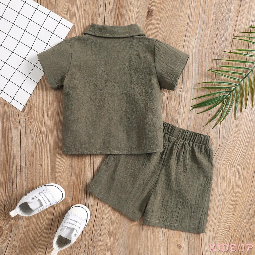 Set Đồ 2 Món Gồm Áo Tay Ngắn Cổ Bẻ Màu Trơn + Quần Short Cho Bé Trai