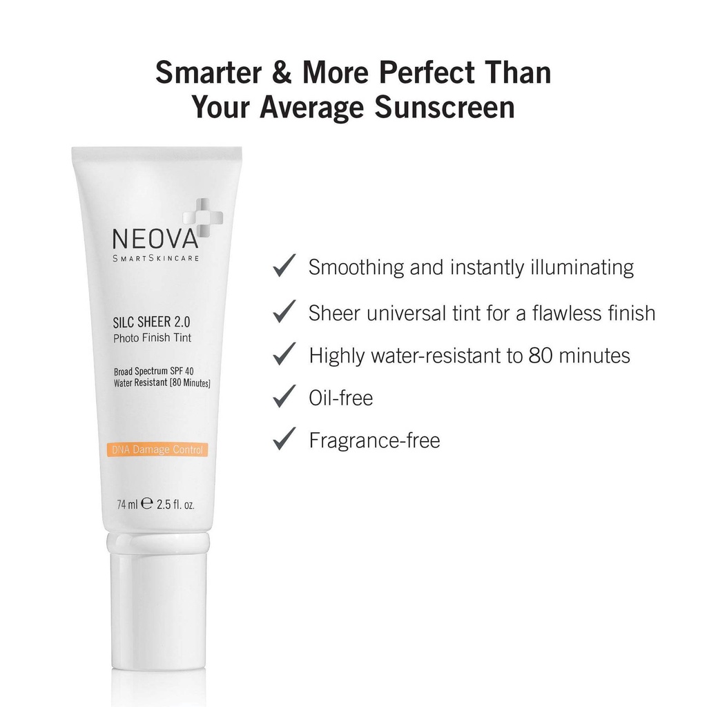 Kem chống nắng NEOVA Silc Sheer 2.0 (Photo Finish Tint Phổ Rộng SPF 40) giúp bảo vệ và làm sáng da với lớp phủ ngọc trai