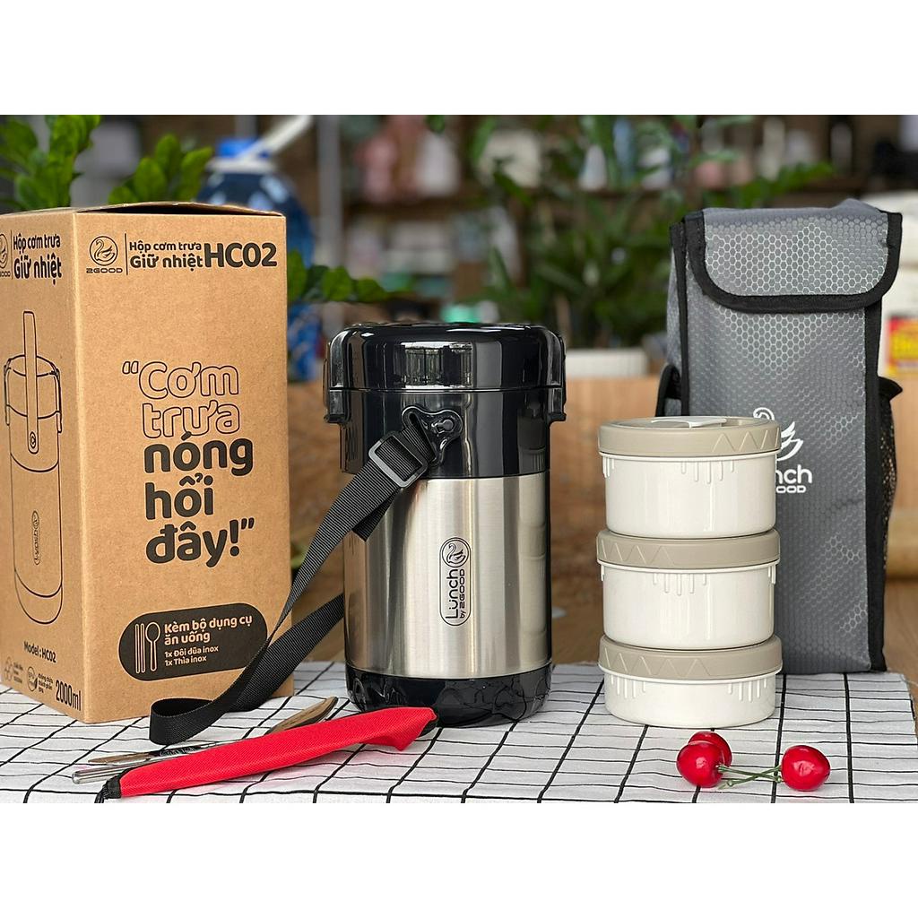 Bộ Hộp Cơm Giữ Nhiệt 2GOOD Lunch Box HC02 (2000ml) - Kèm Muỗng và Đũa Inox 304 - Cơm trưa nóng hổi đ