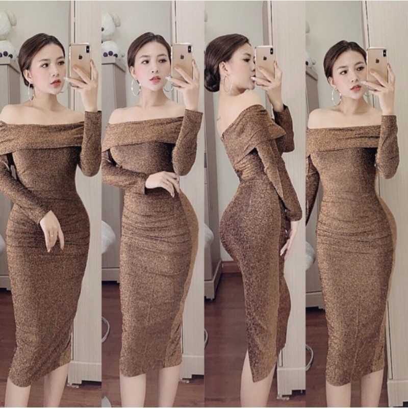 Đầm Body Nhũ Kim Tuyến (Size S-M-L-XL) trễ vai tay dài HÀNG THIẾT KẾ