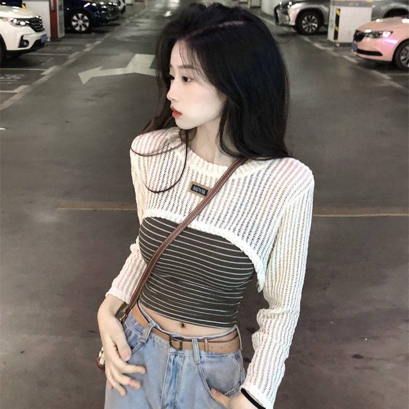 Áo khoác croptop nu Áo Dệt Kim Tay Dài Dáng Ôm Họa Tiết Kẻ Sọc Thời Trang Mùa Hè Xinh Xắn Cho Nữ