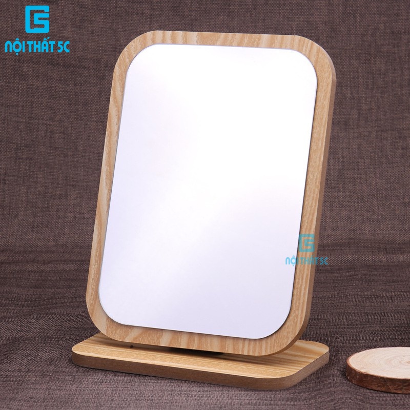 Gương trang điểm để bàn khung gỗ trang trí phòng ngủ, gương soi để bàn tiện lợi có thể bỏ túi di chuyển dễ dàng