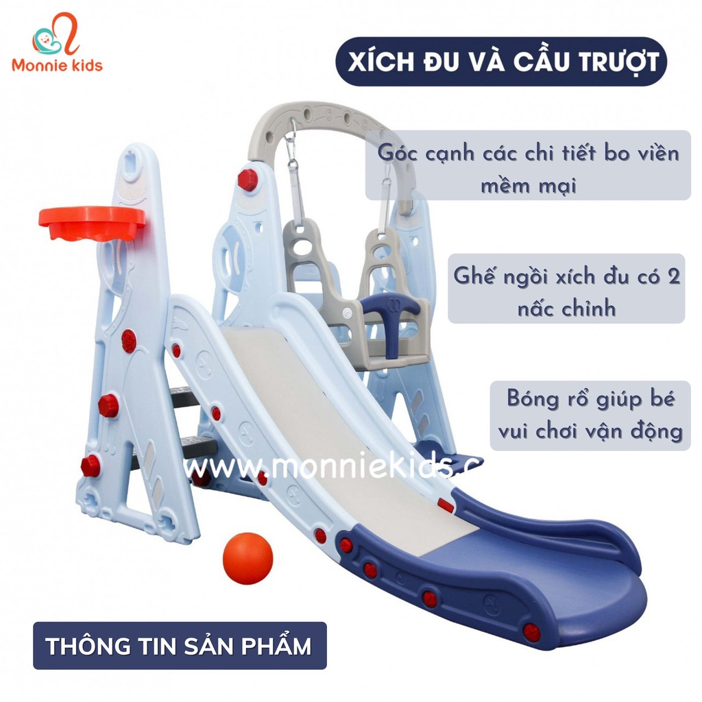 Cầu trượt xích đu cho bé Toys House, cầu tuột đồ chơi kèm khung bóng rổ - Monnie Kids