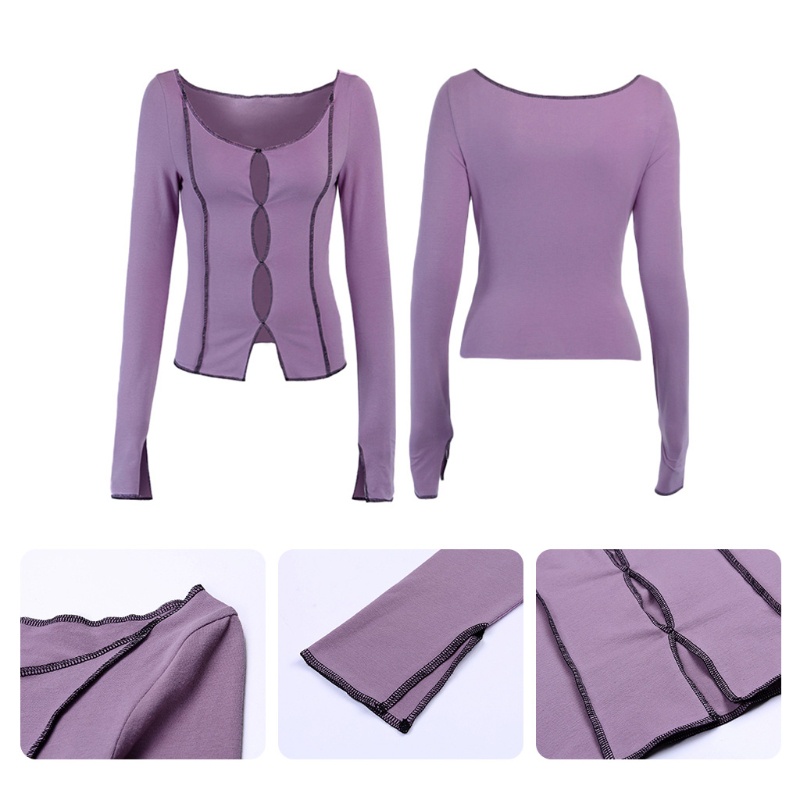 Mary Women Autumn Long Sleeve Off Shoulder T-Shirt Sexy Hollow Out Slit Hem Solid Color Crop Top Casual Slim Fit Cover U