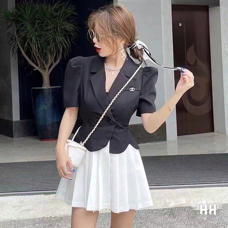 Sét áo vest tay bồng phối chân váy xếp ly kèm tag đá (kèm ảnh thật )