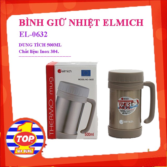 Bình Giữ Nhiệt Elmich EL-0632 Dung Tích 500ml, Chất Liệu Inox 304 Tuyệt Đối An Toàn - Hàng Chính Hãng