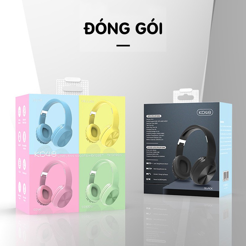 Tai nghe Bluetooth không dây chụp tai KD48 âm thanh siêu trầm, bluetooth 5.0, gọi thoại HD Micro rõ ràng, jack cắm 3.5mm