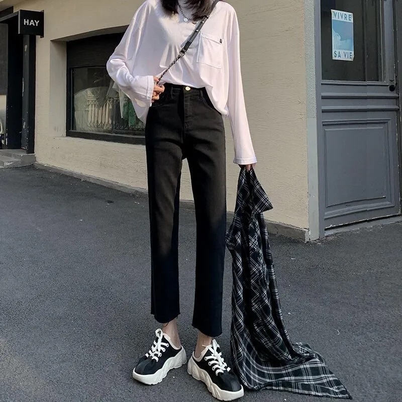 Quần Jeans Nữ Ống Đứng Màu Đen Cạp Cao Chất Jean Co Dãn Đàn Hồi Dài 9 Tấc Hách Đùi Thon Lên Dáng Năng Động Mặc Hàng Ngày