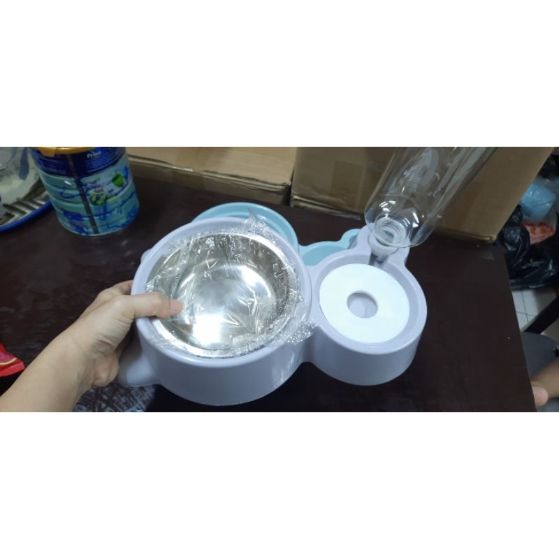 Bát ăn kèm bình tự động cho chó mèo hình mèo (kèm bình tự động)