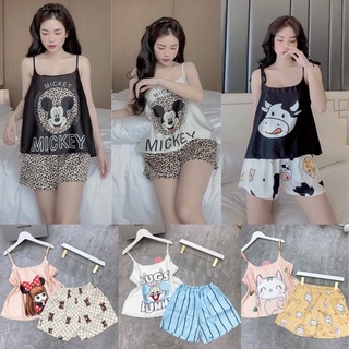 Đồ bộ pijama, bộ lụa thiết kế 2 dây quần sooc hoạ tiết chất liệu mát lịm