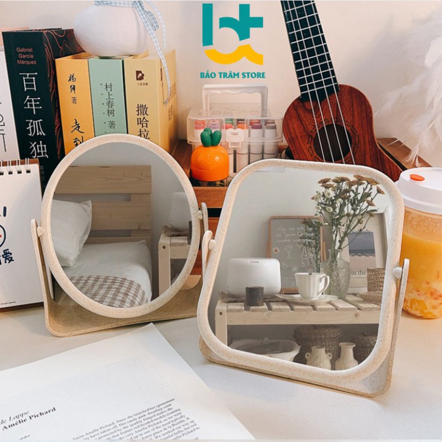 Gương trang điểm mini để bàn 2 mặt, gương có đế xoay 360 độ Hải Triều Sports