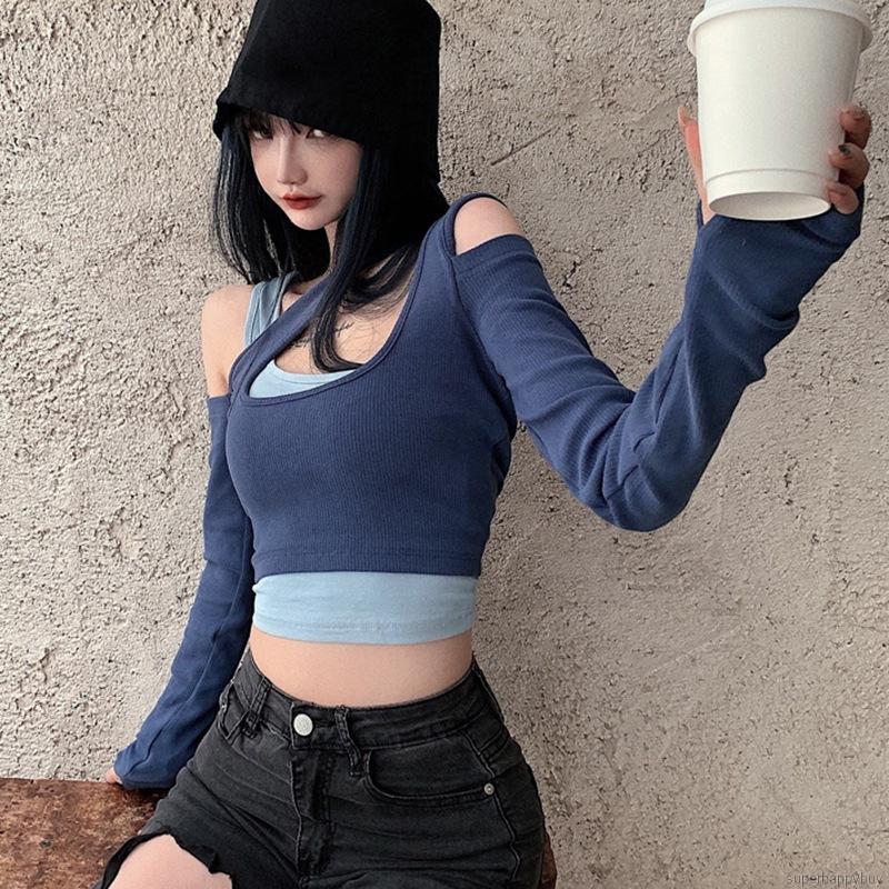 Women Fashion Design T-Shirts Fake Two-piece Sexy Long-sleeved T-shirt Tops